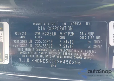 2025 Kia Carnival Mpv Sx Prestige z USA, uszkodzony, nr VIN KNDNE5K36S6458296